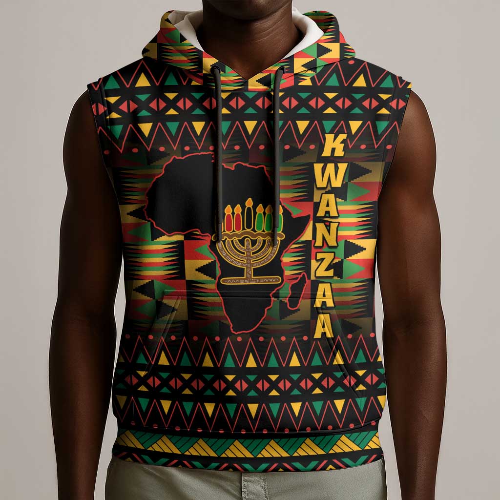 Kwanzaa Festival Sleeveless Hoodie with Kinara Candles and African Pattern - African Pride