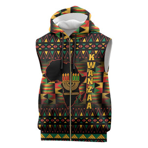 Kwanzaa Festival Sleeveless Zip Hoodie with Kinara Candles and African Pattern - African Pride