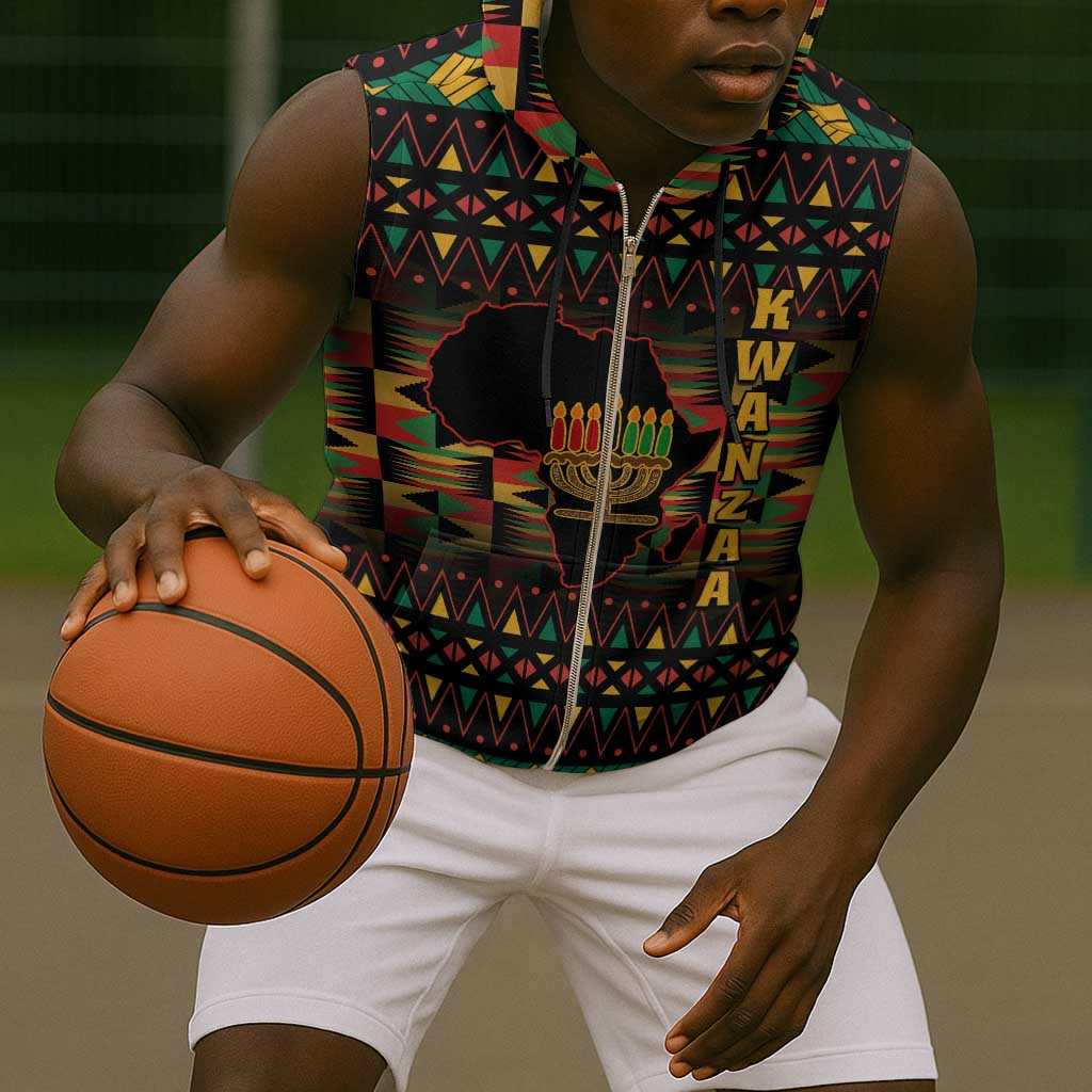 Kwanzaa Festival Sleeveless Zip Hoodie with Kinara Candles and African Pattern - African Pride
