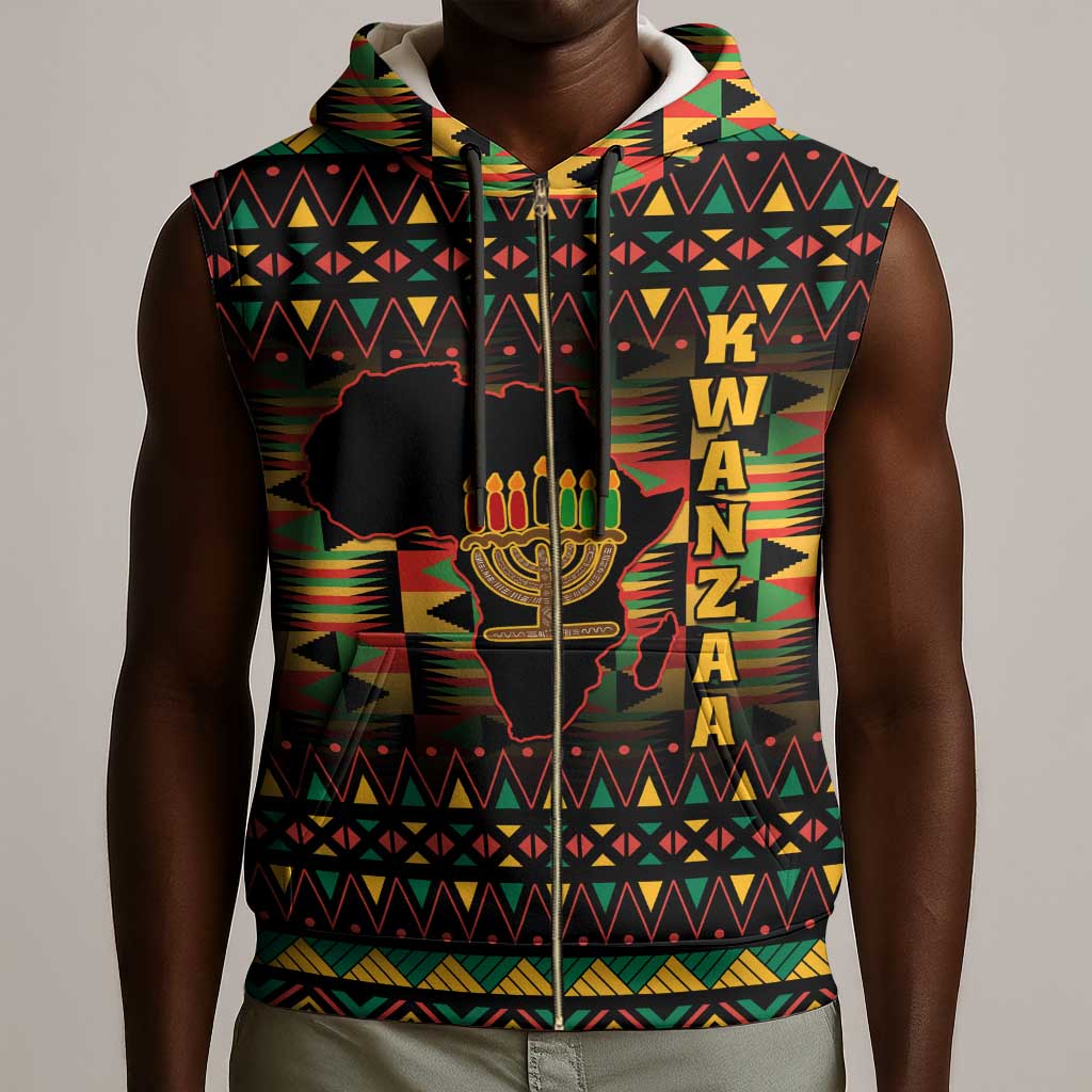 Kwanzaa Festival Sleeveless Zip Hoodie with Kinara Candles and African Pattern - African Pride