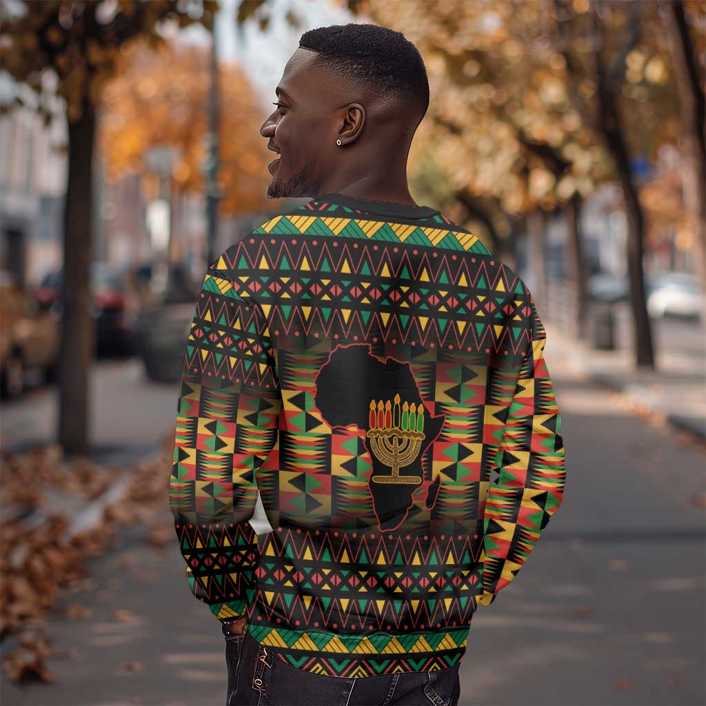 Kwanzaa Festival Sweatshirt with Kinara Candles and African Pattern