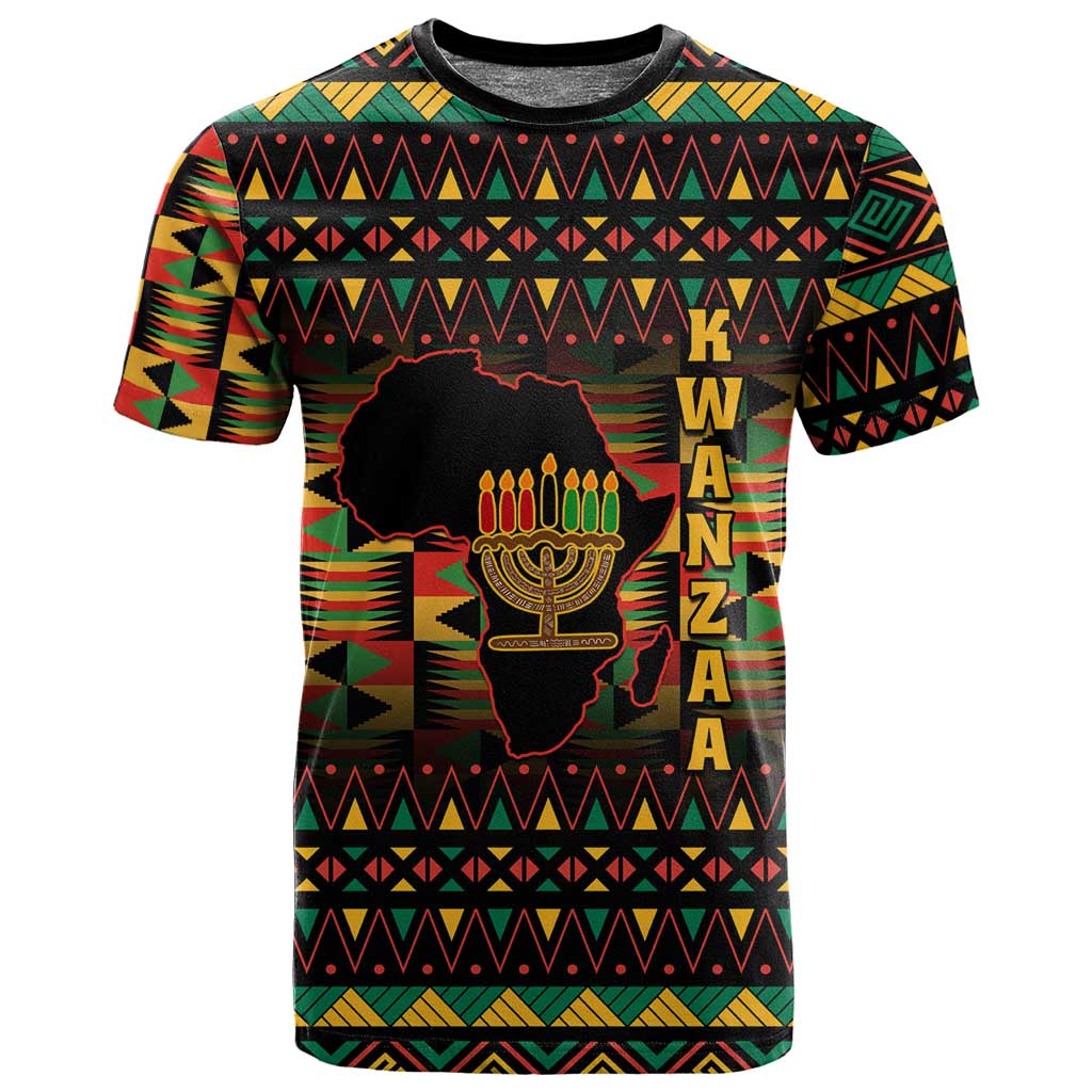 Kwanzaa Festival T shirt with Kinara Candles and African Pattern