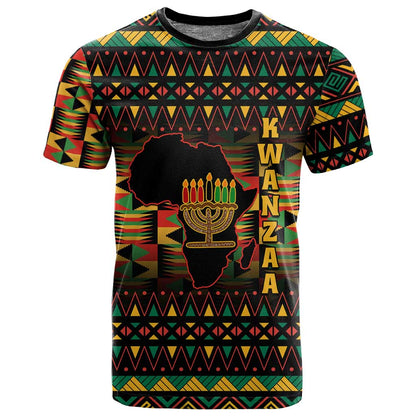 Kwanzaa Festival T shirt with Kinara Candles and African Pattern