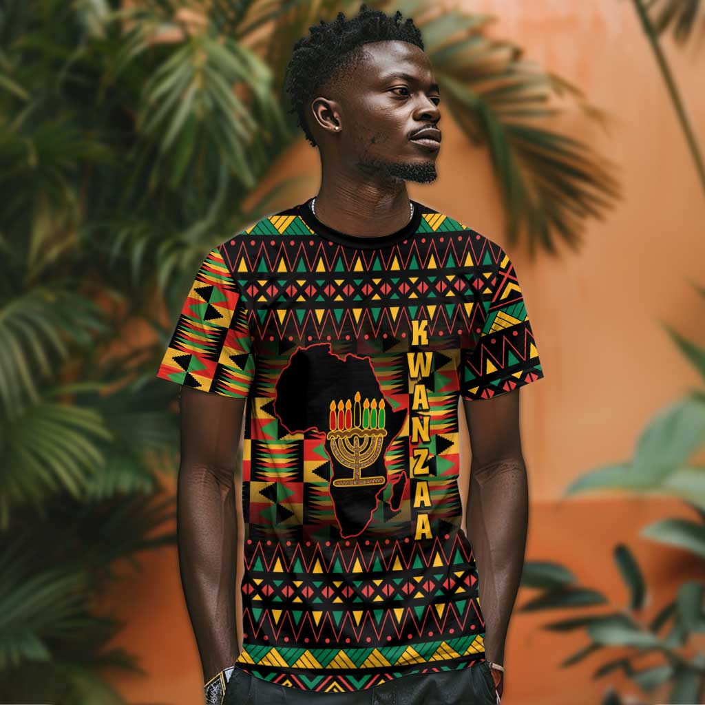 Kwanzaa Festival T shirt with Kinara Candles and African Pattern