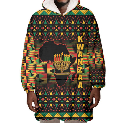 Kwanzaa Festival Wearable Blanket Hoodie with Kinara Candles and African Pattern