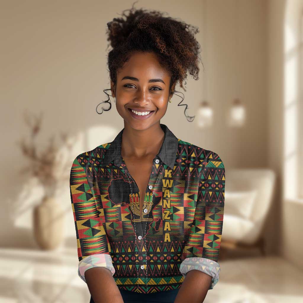 Kwanzaa Festival Women Casual Shirt with Kinara Candles and African Pattern LT01