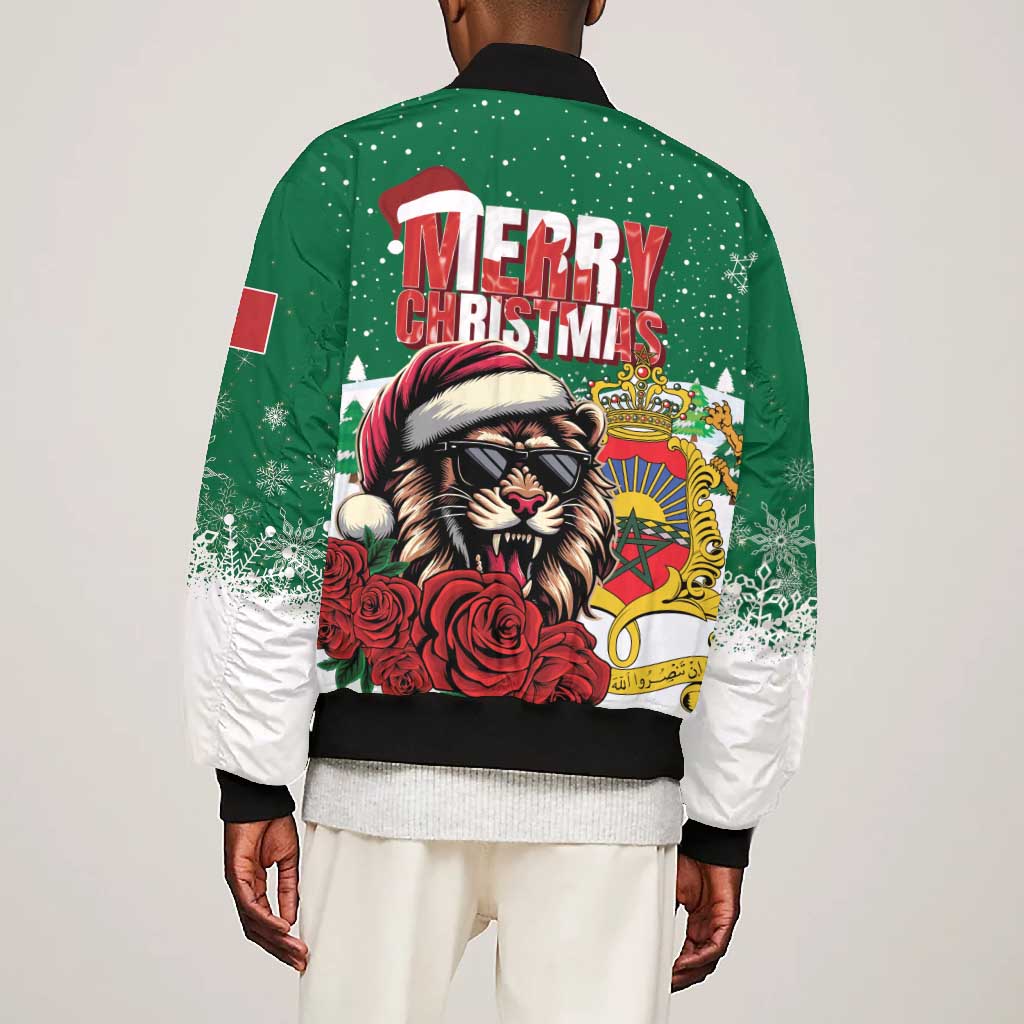 Morocco Christmas Bomber Jacket Santa Lion With Rose Xmas Vibe