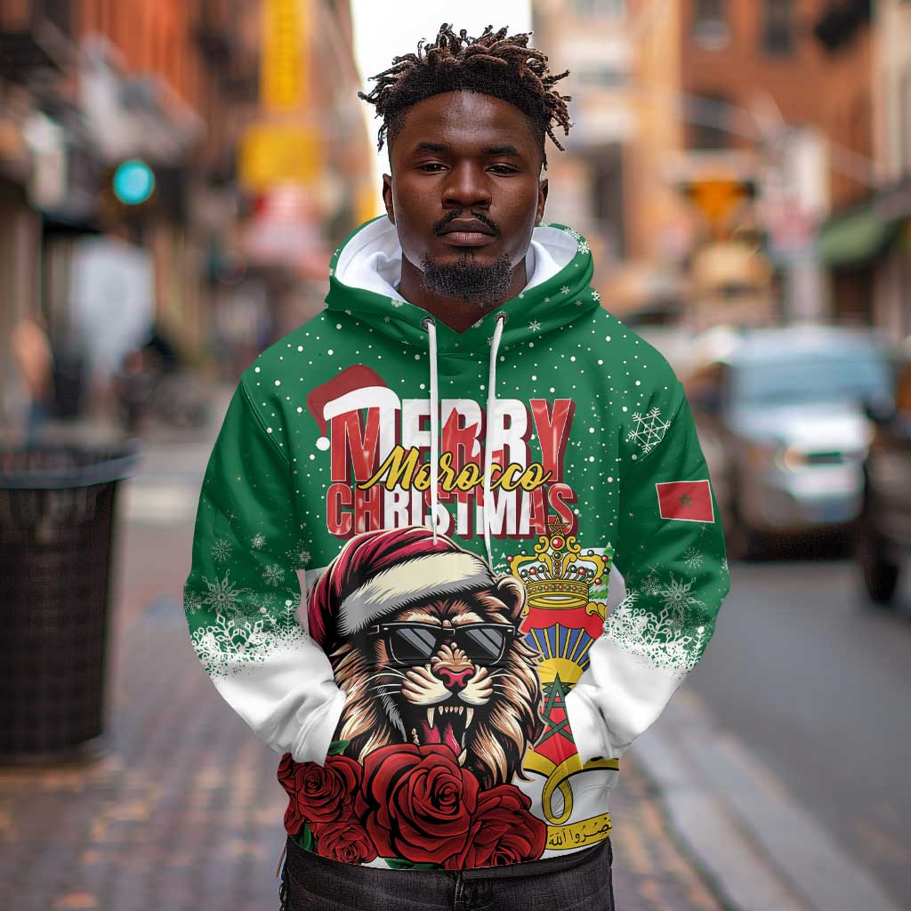 Morocco Christmas Hoodie Santa Lion With Rose Xmas Vibe