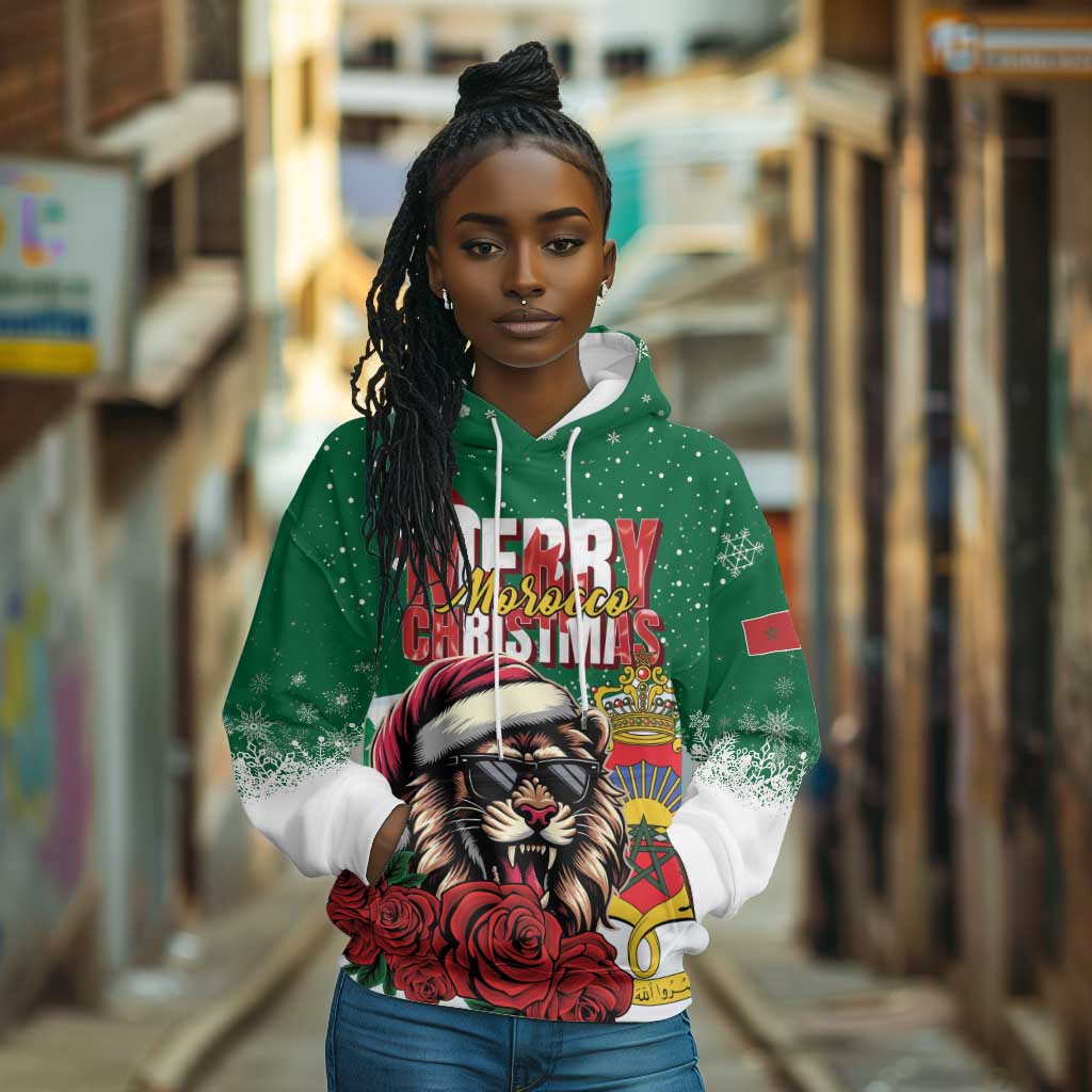 Morocco Christmas Hoodie Santa Lion With Rose Xmas Vibe