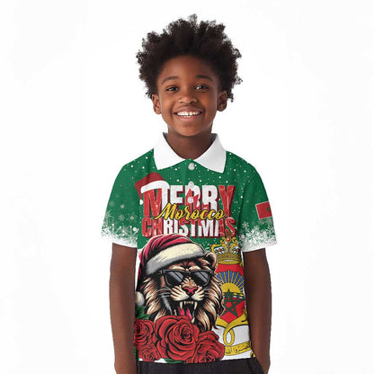 Morocco Christmas Kid Polo Shirt Santa Lion With Rose Xmas Vibe