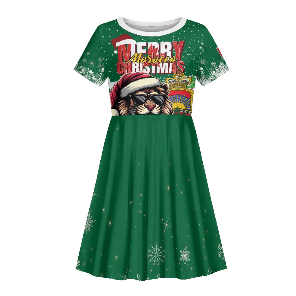 Morocco Christmas Kid Short Sleeve Dress Santa Lion With Rose Xmas Vibe