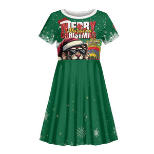 Morocco Christmas Kid Short Sleeve Dress Santa Lion With Rose Xmas Vibe