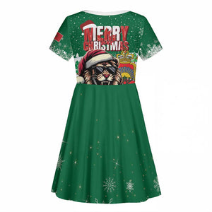 Morocco Christmas Kid Short Sleeve Dress Santa Lion With Rose Xmas Vibe