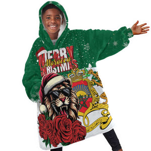 Morocco Christmas Kid Wearable Blanket Hoodie Santa Lion With Rose Xmas Vibe