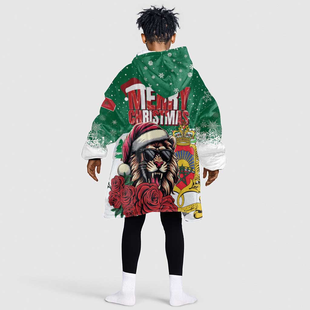 Morocco Christmas Kid Wearable Blanket Hoodie Santa Lion With Rose Xmas Vibe