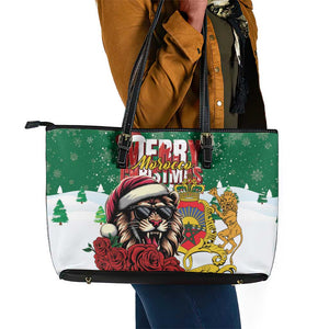 Morocco Christmas Leather Tote Bag Santa Lion With Rose Xmas Vibe