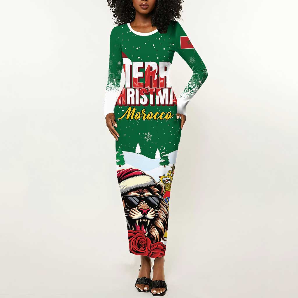 Morocco Christmas Long Sleeve Bodycon Dress Santa Lion With Rose Xmas Vibe LT01