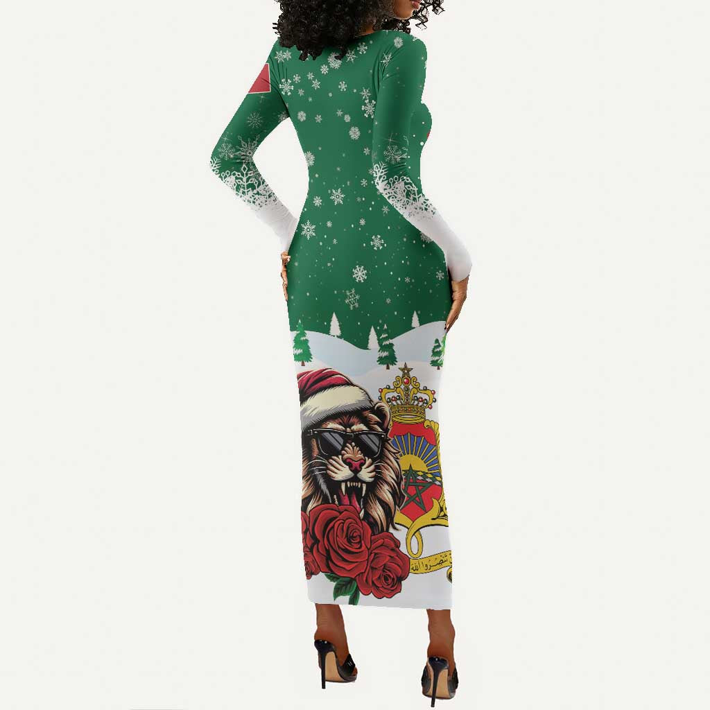 Morocco Christmas Long Sleeve Bodycon Dress Santa Lion With Rose Xmas Vibe LT01