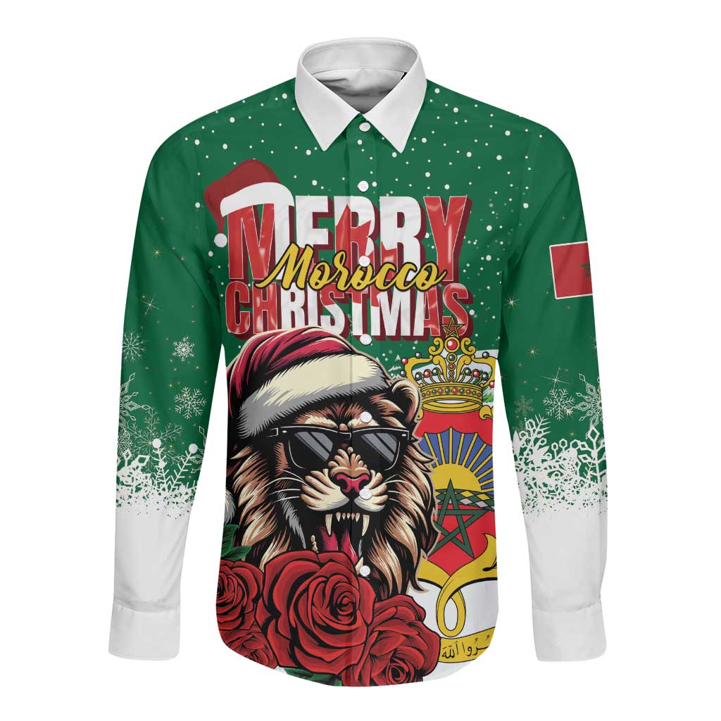 Morocco Christmas Long Sleeve Button Shirt Santa Lion With Rose Xmas Vibe