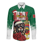 Morocco Christmas Long Sleeve Button Shirt Santa Lion With Rose Xmas Vibe