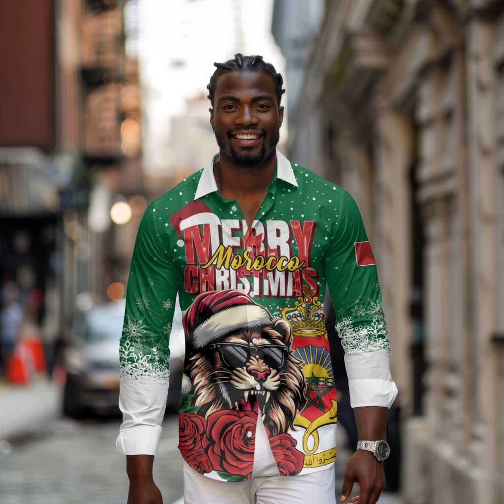 Morocco Christmas Long Sleeve Button Shirt Santa Lion With Rose Xmas Vibe