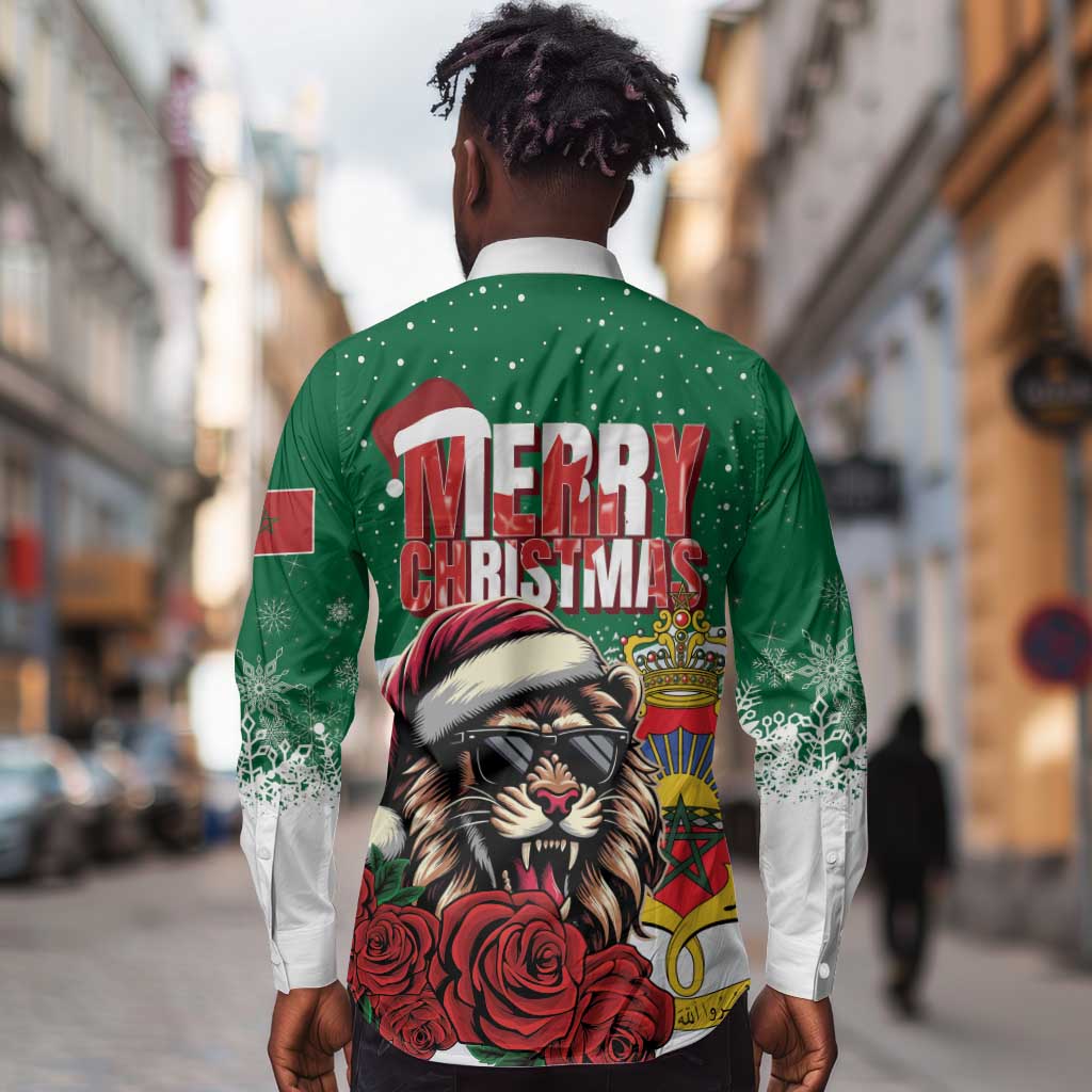 Morocco Christmas Long Sleeve Button Shirt Santa Lion With Rose Xmas Vibe
