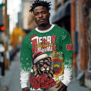 Morocco Christmas Long Sleeve Shirt Santa Lion With Rose Xmas Vibe