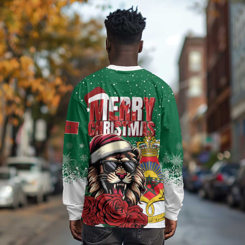 Morocco Christmas Long Sleeve Shirt Santa Lion With Rose Xmas Vibe