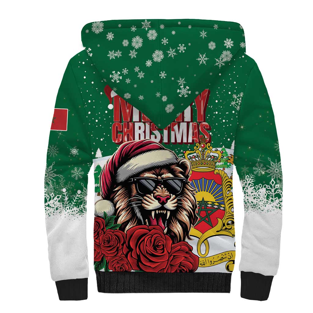 Morocco Christmas Sherpa Hoodie Santa Lion With Rose Xmas Vibe