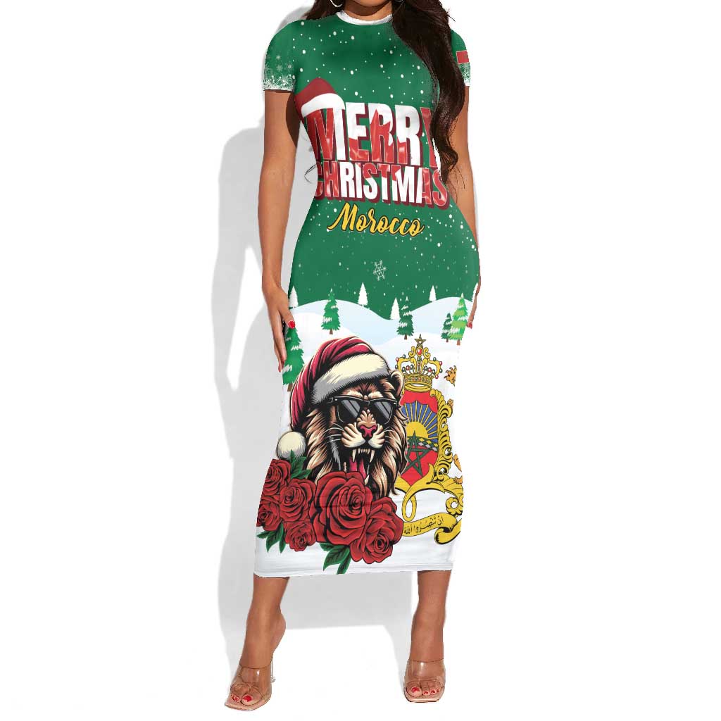 Morocco Christmas Short Sleeve Bodycon Dress Santa Lion With Rose Xmas Vibe LT01