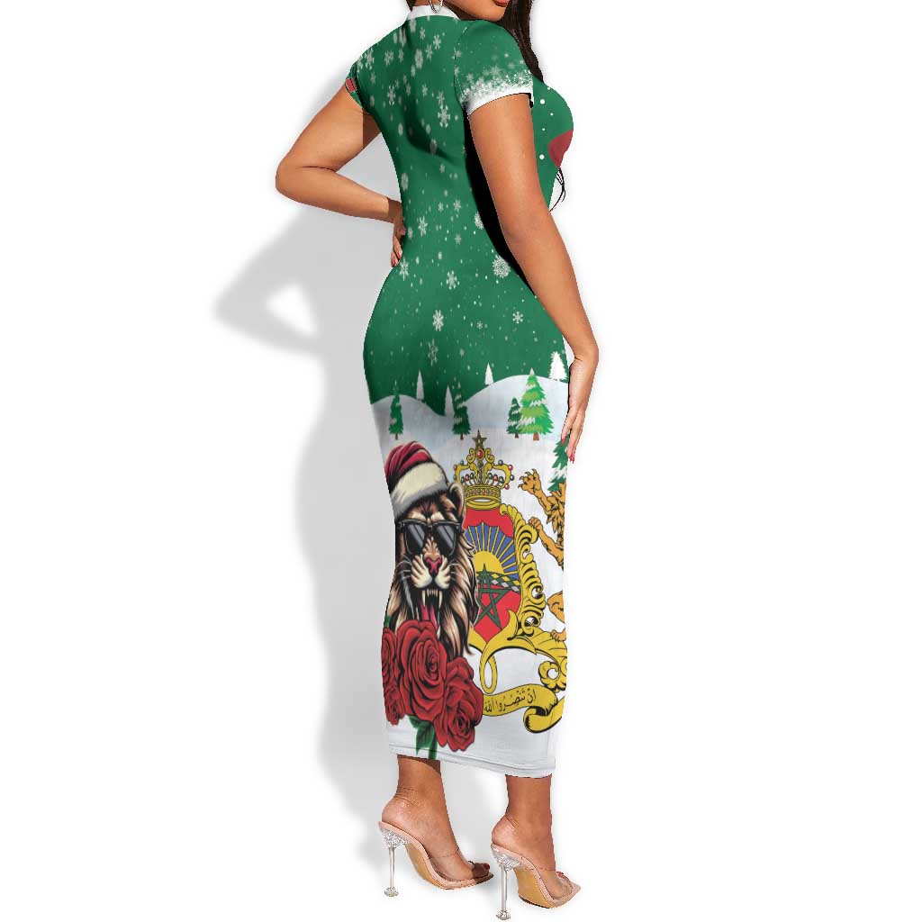 Morocco Christmas Short Sleeve Bodycon Dress Santa Lion With Rose Xmas Vibe LT01