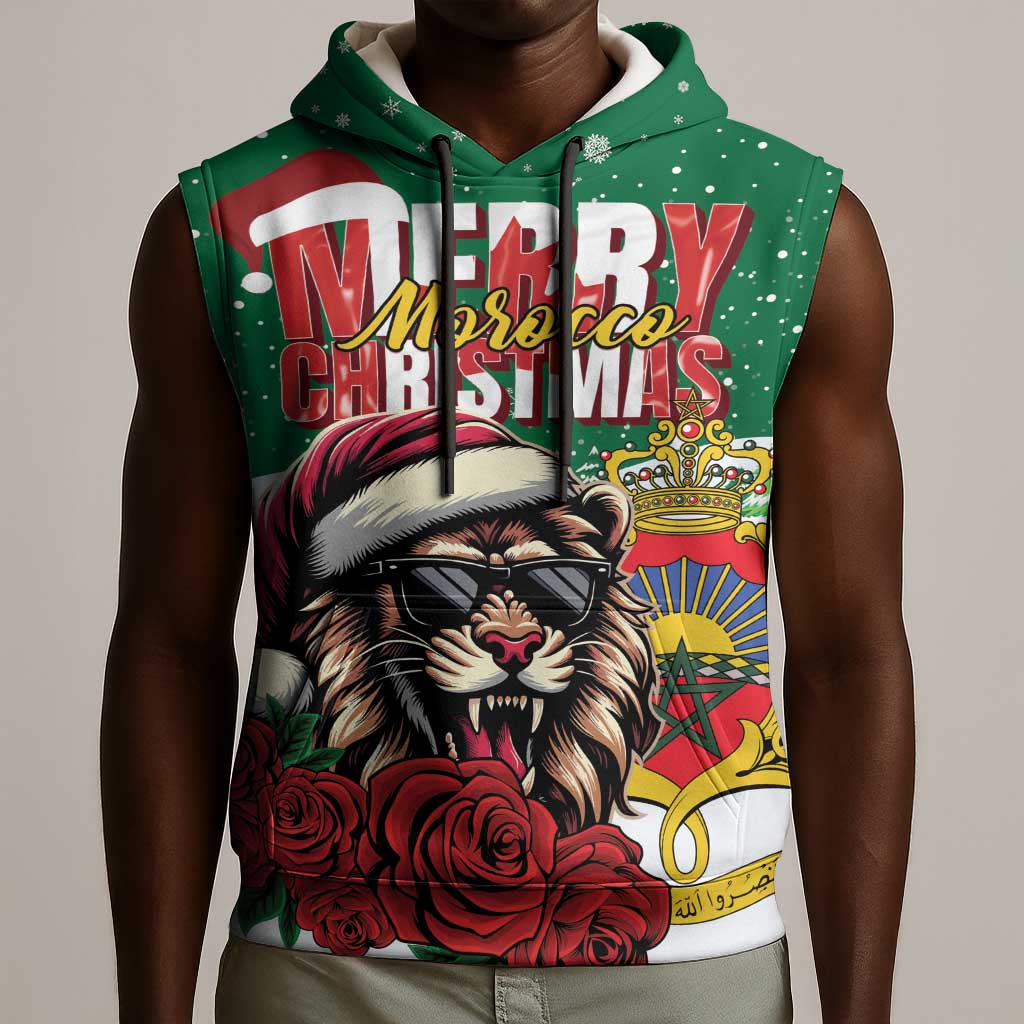 Morocco Christmas Sleeveless Hoodie Santa Lion With Rose Xmas Vibe - African Pride