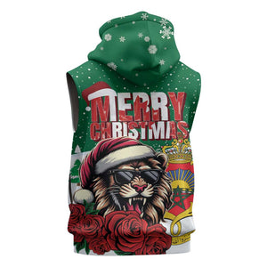 Morocco Christmas Sleeveless Zip Hoodie Santa Lion With Rose Xmas Vibe - African Pride