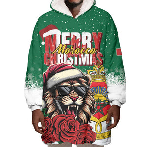Morocco Christmas Wearable Blanket Hoodie Santa Lion With Rose Xmas Vibe
