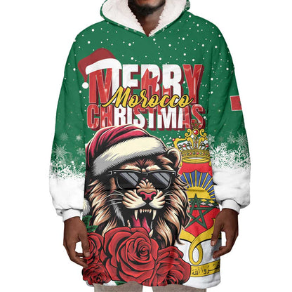 Morocco Christmas Wearable Blanket Hoodie Santa Lion With Rose Xmas Vibe