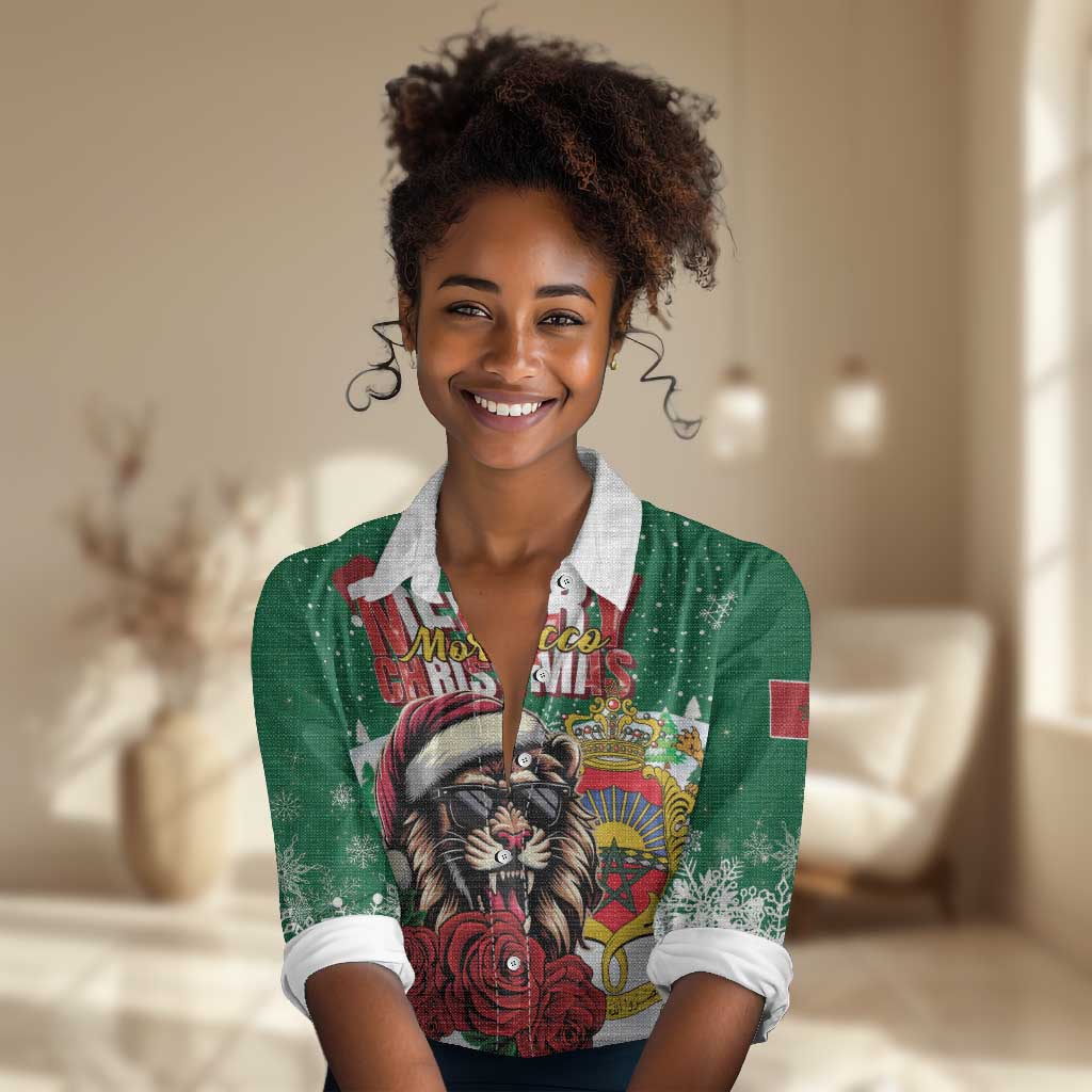 Morocco Christmas Women Casual Shirt Santa Lion With Rose Xmas Vibe LT01