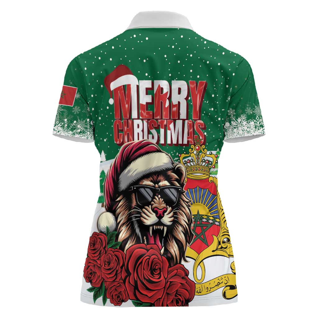 Morocco Christmas Women Polo Shirt Santa Lion With Rose Xmas Vibe