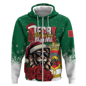 Morocco Christmas Zip Hoodie Santa Lion With Rose Xmas Vibe