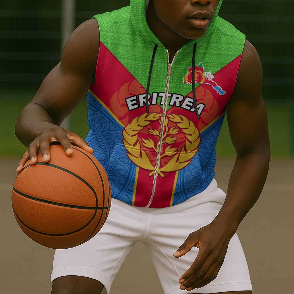 Custom Eritrea Sleeveless Zip Hoodie with Eritrean Emblem Flag and African Pattern Design - African Pride