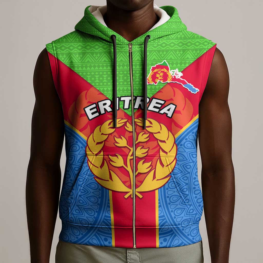 Custom Eritrea Sleeveless Zip Hoodie with Eritrean Emblem Flag and African Pattern Design - African Pride