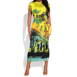 Personalized Jamaica Sleng Teng Riddim Short Sleeve Bodycon Dress Booyaka Booyaka - African Pride
