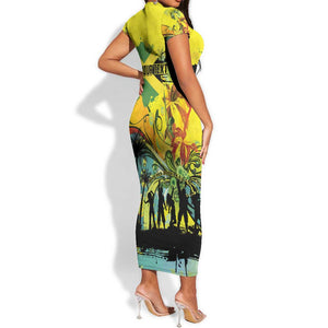 Personalized Jamaica Sleng Teng Riddim Short Sleeve Bodycon Dress Booyaka Booyaka - African Pride