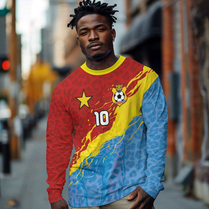 Custom DR Congo Leopards Football Long Sleeve Shirt Abstract Leopard Pattern With National Colors And Crest