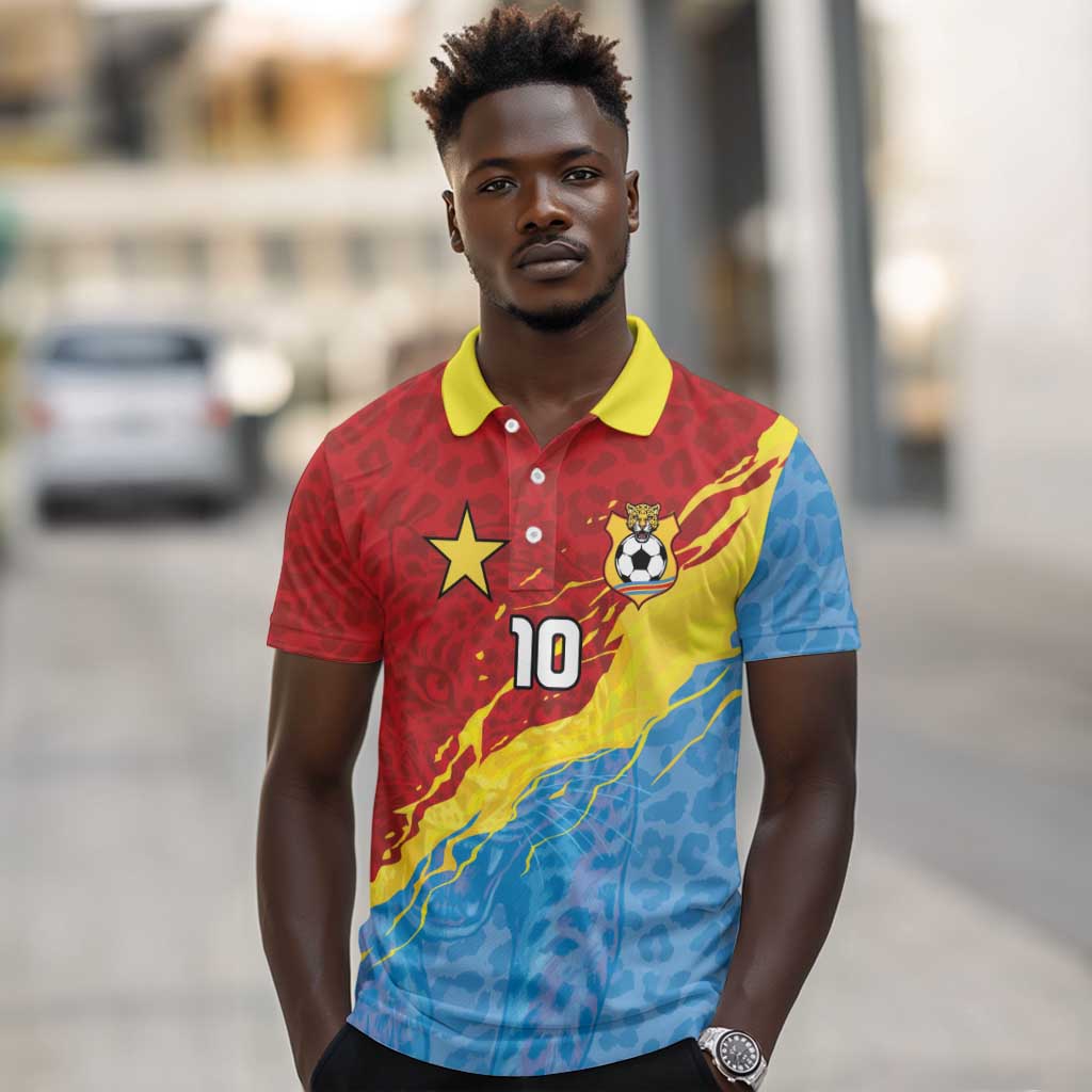 Custom DR Congo Leopards Football Polo Shirt Abstract Leopard Pattern With National Colors And Crest