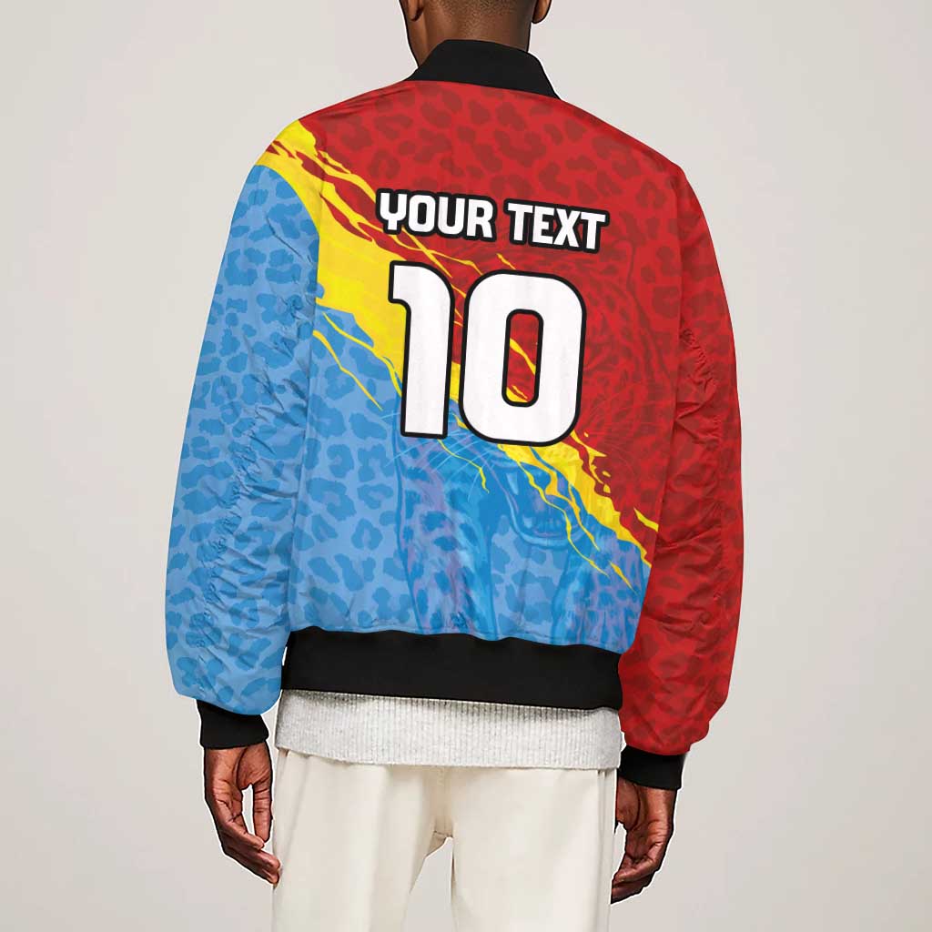 Custom DR Congo Leopards Football Sleeve Zip Bomber Jacket Abstract Leopard Pattern With National Colors And Crest