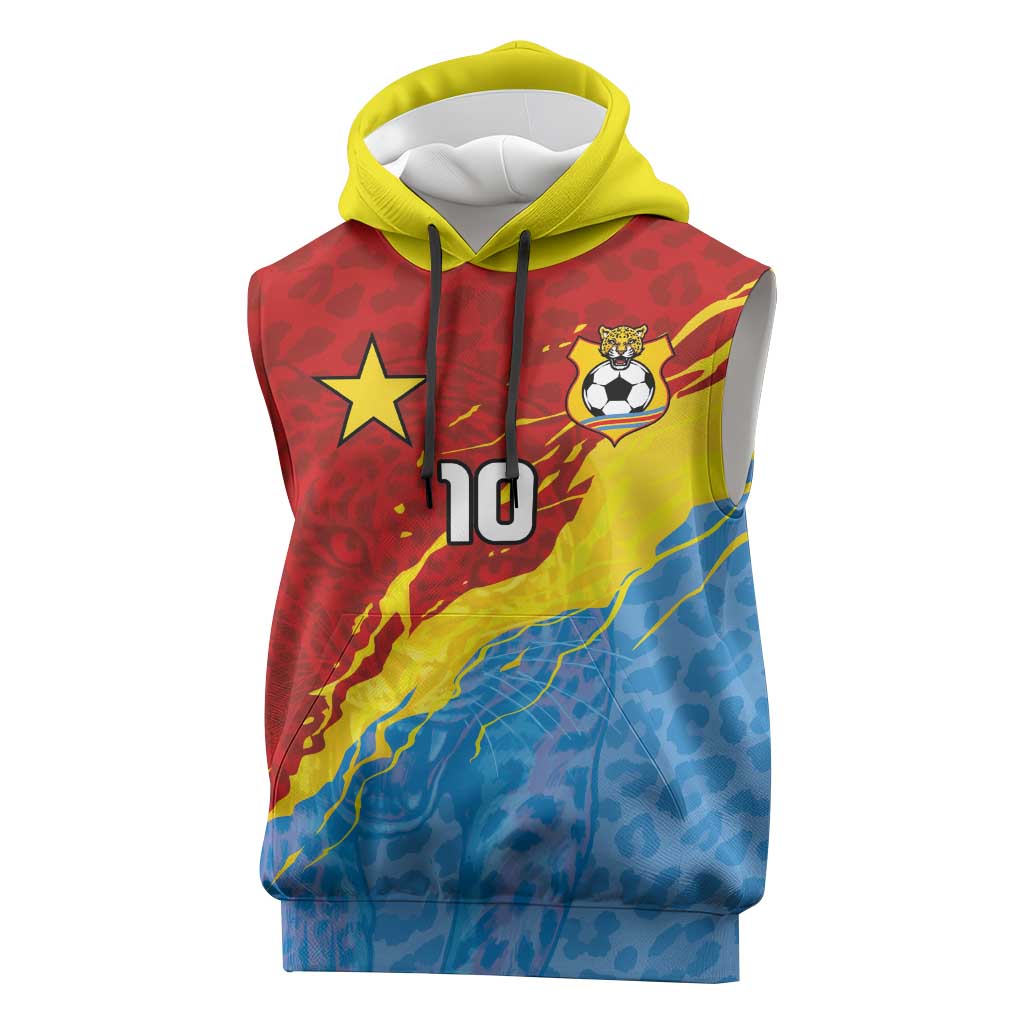 Custom DR Congo Leopards Football Sleeveless Hoodie Abstract Leopard Pattern With National Colors And Crest