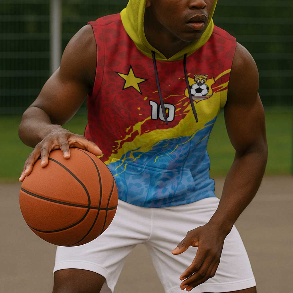 Custom DR Congo Leopards Football Sleeveless Hoodie Abstract Leopard Pattern With National Colors And Crest