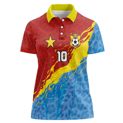 Custom DR Congo Leopards Football Women Polo Shirt Abstract Leopard Pattern With National Colors And Crest