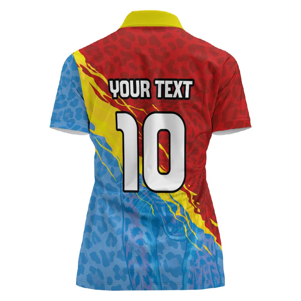 Custom DR Congo Leopards Football Women Polo Shirt Abstract Leopard Pattern With National Colors And Crest