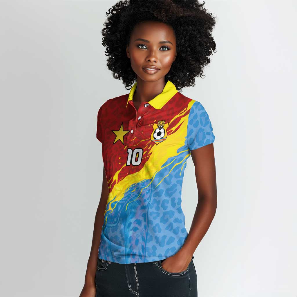 Custom DR Congo Leopards Football Women Polo Shirt Abstract Leopard Pattern With National Colors And Crest